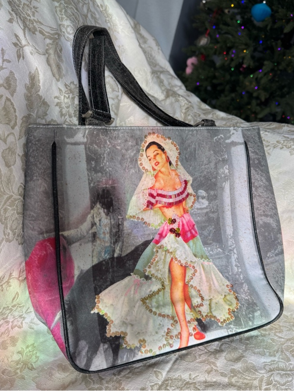 Vintage-Inspired Women’s Black Tote Bag with beaded Dancer Print